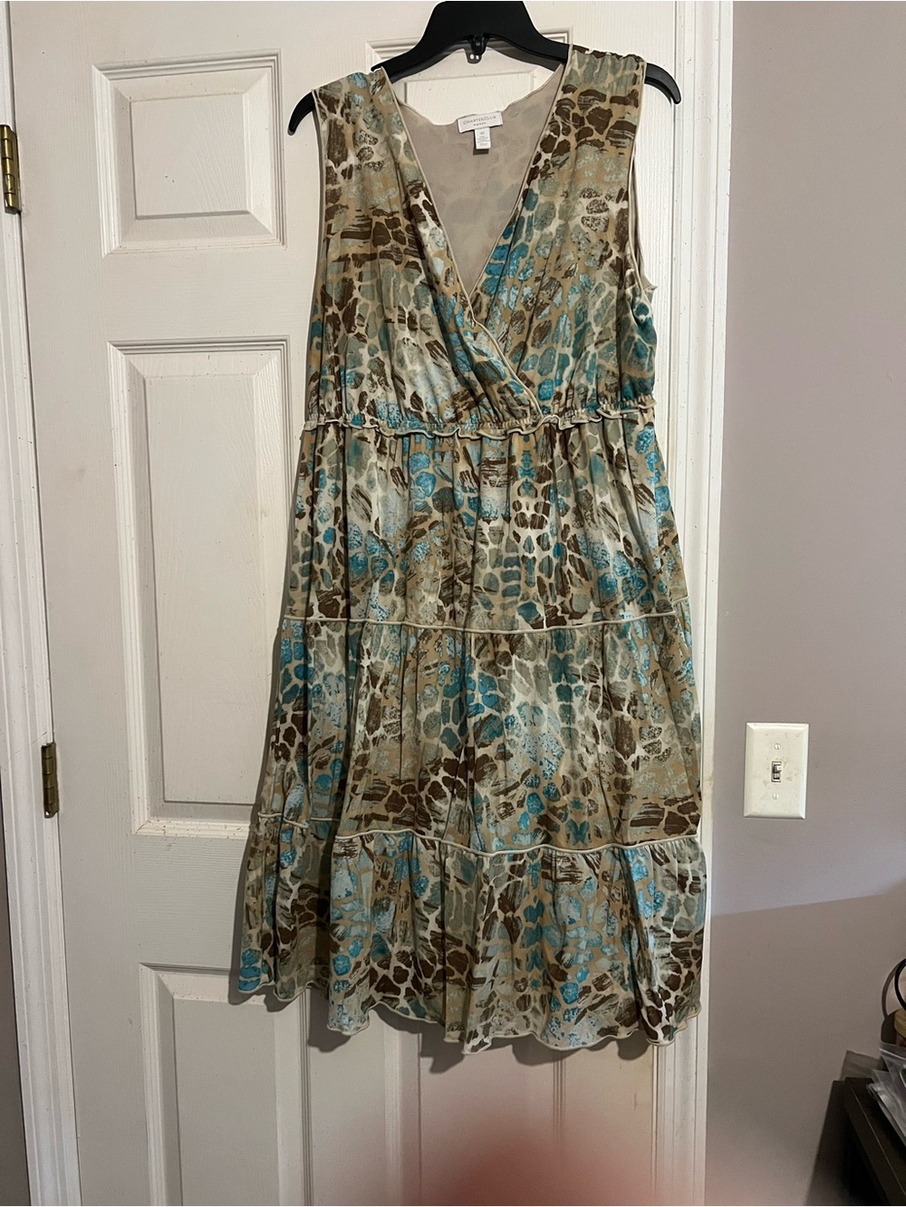 Charter Club Teal and Brown V-Neck Tiered Printed Dress